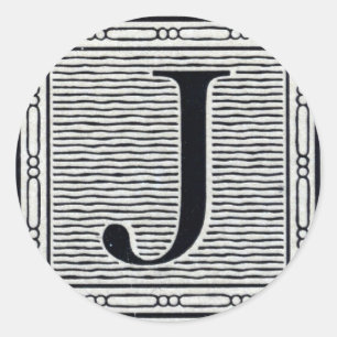 Block Letter "J" Woodcut Woodblock Inital Classic Round Sticker