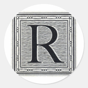 Block Letter "R" Woodcut Woodblock Inital Classic Round Sticker