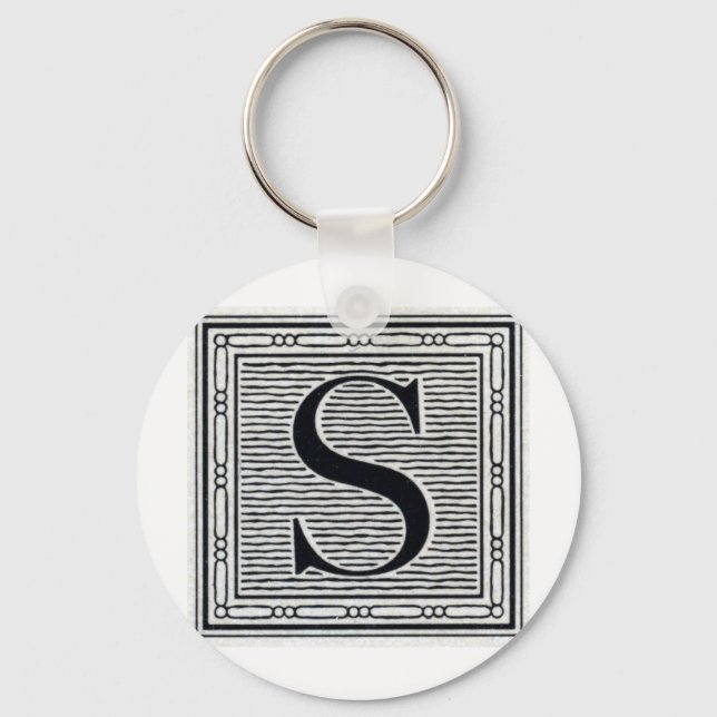 Block Letter "S" Woodcut Woodblock Inital Key Ring (Front)