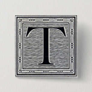 Block Letter "T" Woodcut Woodblock Inital 15 Cm Square Badge