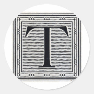Block Letter "T" Woodcut Woodblock Inital Classic Round Sticker