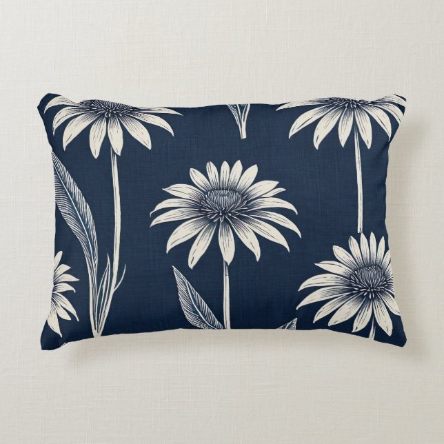 Block print blue and white Coneflower Decorative Cushion (Front)