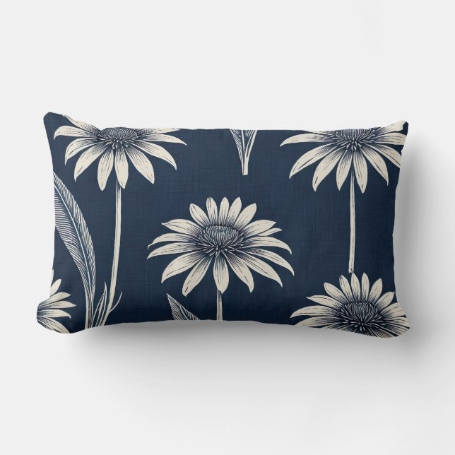 Block print blue and white Coneflower Lumbar Cushion (Front)