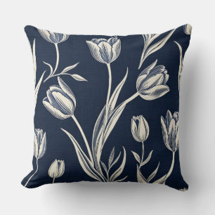 Block print blue and white tulips cushion