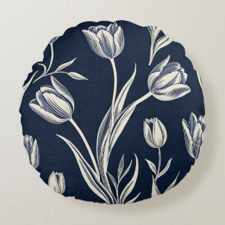 Block print blue and white tulips round cushion