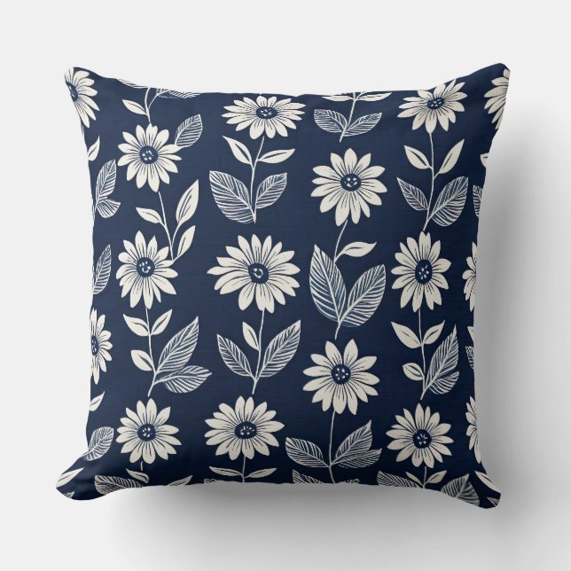 Block print  boho floral blue and white  cushion (Front)
