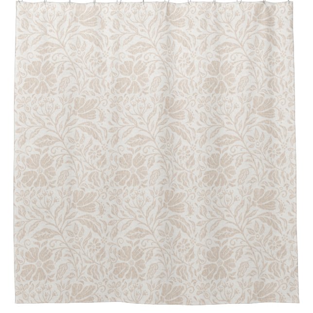 Block print floral neutral beige on white shower curtain (Front)