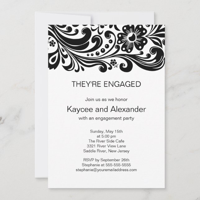 Block Print Floral Swirls Engagement Invitations (Front)