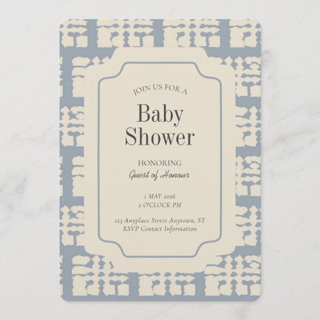 Block Print Geometric Gender Neutral Blue Beige Invitation (Front)