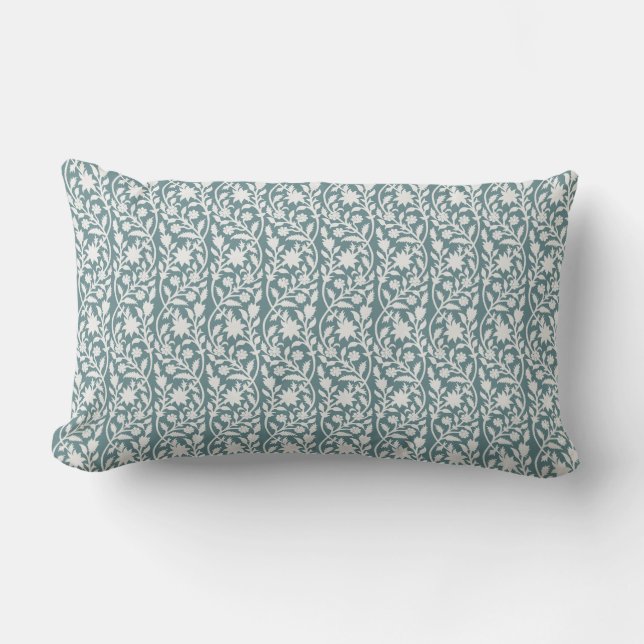 Block print inspired blue green floral  lumbar cushion (Front)