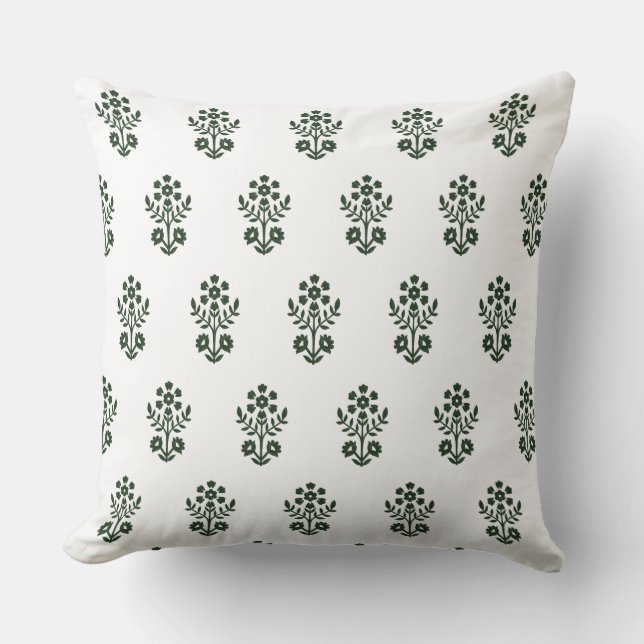 Block print inspired green flower cushion (Front)