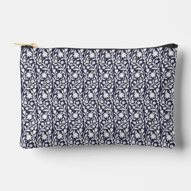 Block print inspired navy floral  accessory pouch (Front)