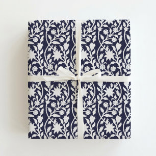 Block print inspired navy floral wrapping paper