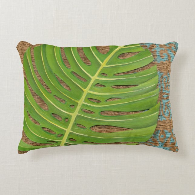 Block Print Palm on Wicker Background Decorative Cushion (Front)