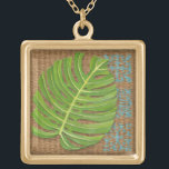 Block Print Palm on Wicker Background Gold Plated Necklace<br><div class="desc">Chariklia Zarris created this block print palm piece. The brown of wicker background creates a dazzling earthy feel for the palm leaf to rest upon. If you can't own your own palm tree this is the next best thing!</div>