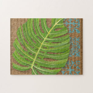 Block Print Palm on Wicker Background Jigsaw Puzzle