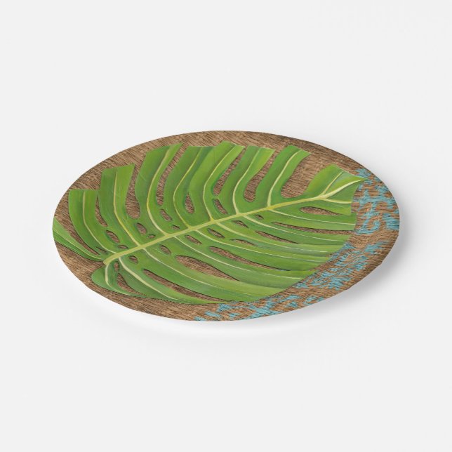 Block Print Palm on Wicker Background Paper Plate (Angled)