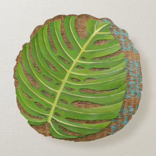 Block Print Palm on Wicker Background Round Cushion