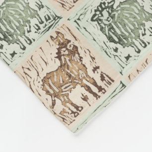 Block Print Sheep Donkey Quilt - Green Brown. Fleece Blanket