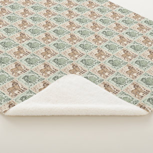 Block Print Sheep Donkey Quilt - Green Brown. Sherpa Blanket