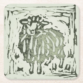 Block Print Sheep Donkey Quilt - green sheep. Square Paper Coaster