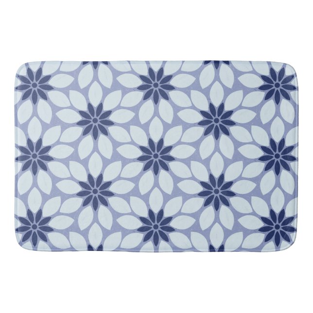 Block Print Tiled Flowers blue Bath Mat (Front)