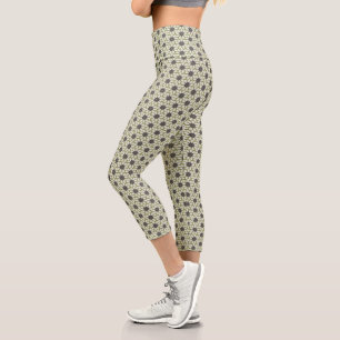 Block Print Tiled Flowers blue cream green Capri Leggings