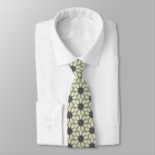 Block Print Tiled Flowers blue cream green Tie (Tied)