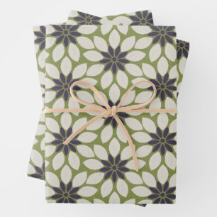 Block Print Tiled Flowers blue cream green Wrapping Paper Sheet