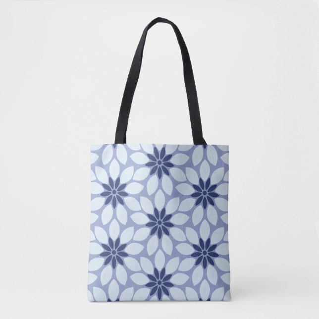 Block Print Tiled Flowers blue Tote Bag (Front)