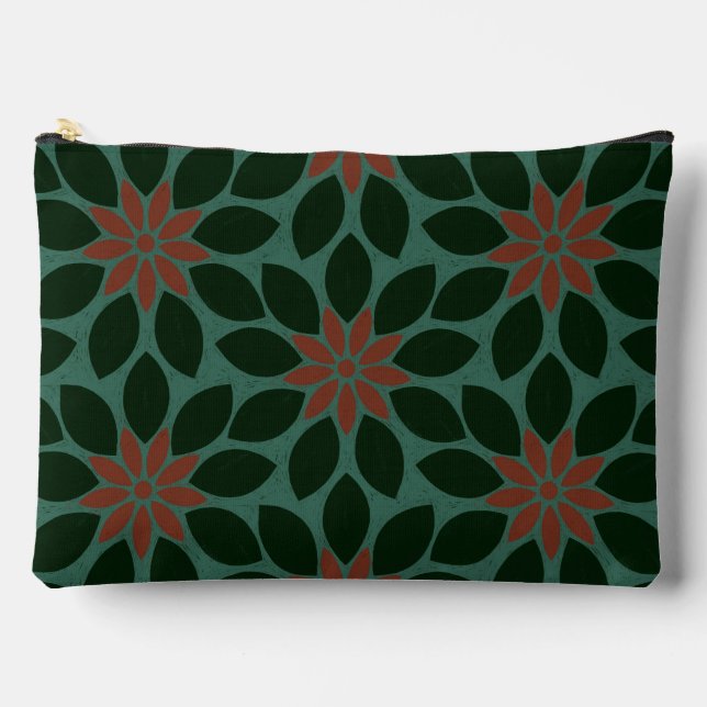 Block Print Tiled Flowers dark green red Accessory Pouch (Front)