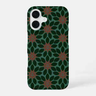 Block Print Tiled Flowers dark green red iPhone 16 Case