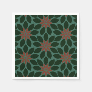 Block Print Tiled Flowers dark green red Napkin