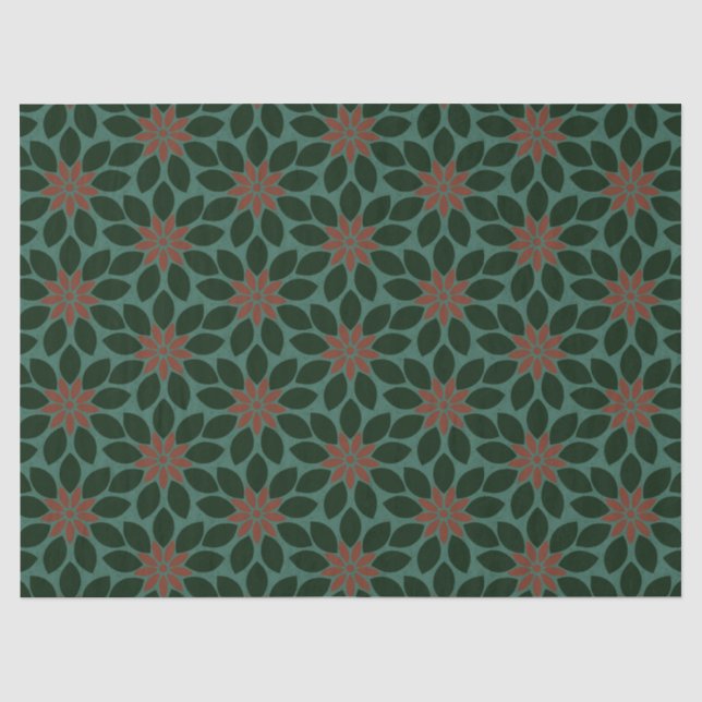 Block Print Tiled Flowers dark green red Tissue Paper (Front)