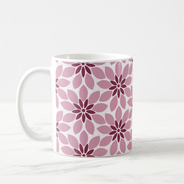 Block Print Tiled Flowers pink red Coffee Mug (Left)