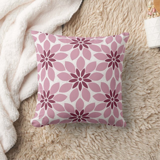 Block Print Tiled Flowers pink red Cushion (Blanket)