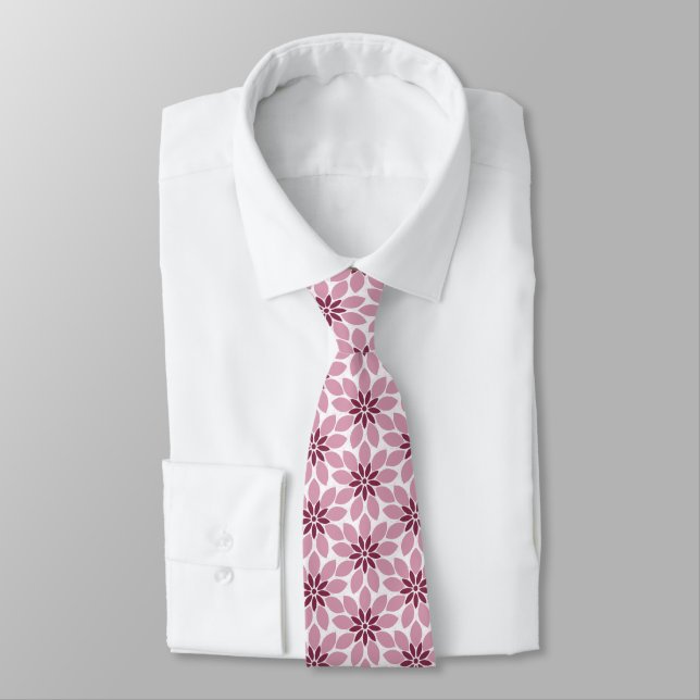 Block Print Tiled Flowers pink red Tie (Tied)