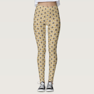 Block Print Tiled Flowers sunny yellow background Leggings