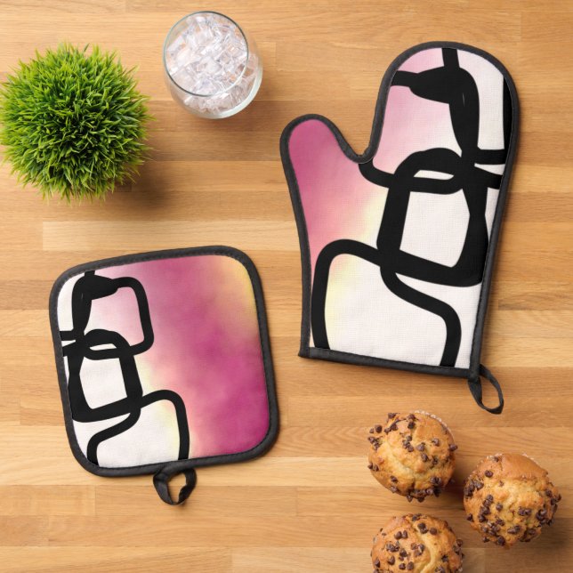 Blockchain: Abstract Pink, Yellow, Black & White Oven Mitt & Pot Holder Set (Top Down)