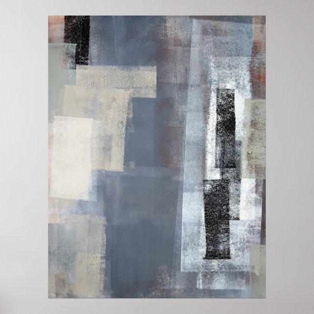 'Blocked' Grey and Beige Abstract Art Poster Print (Front)