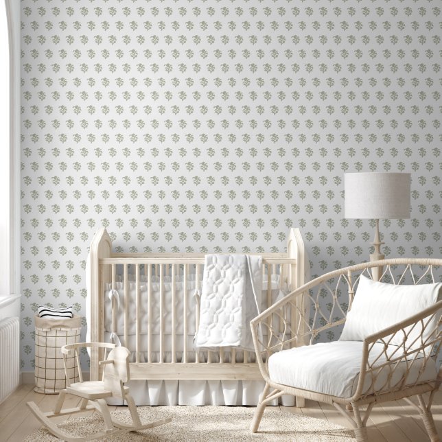 Blockprint inspired floral light green  wallpaper (Kids)