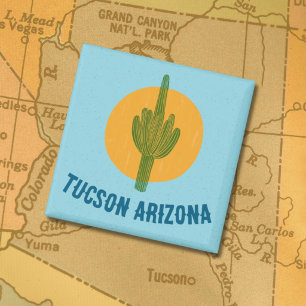 Blockprint Style Tucson Arizona Saguaro Cactus  Magnet