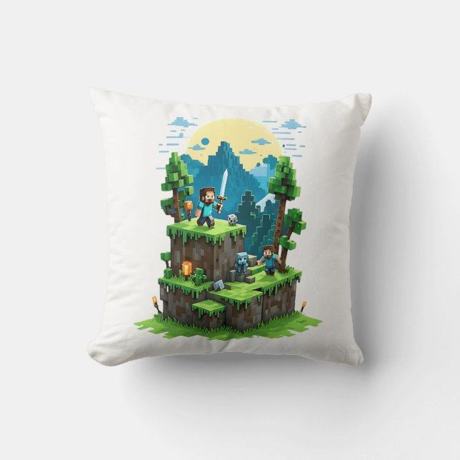BlockQuest Adventures – Pixel Art Throw Pillow (Front)