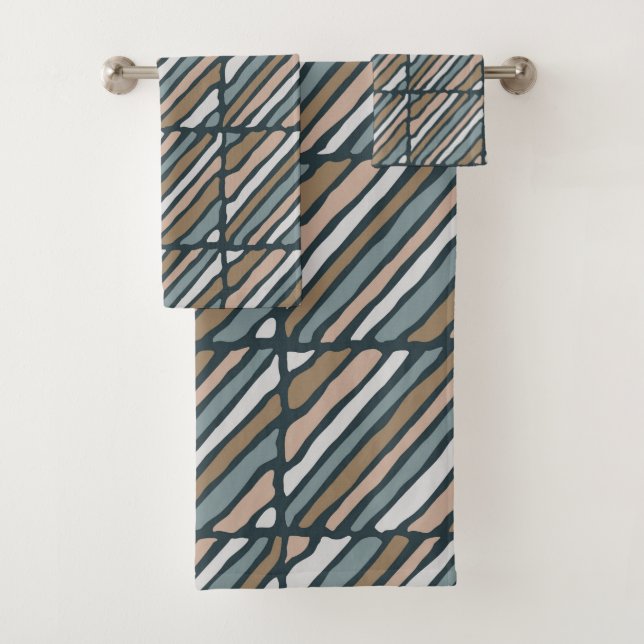 Blocks and lines (navy, brown and beige) bath towel set (Insitu)