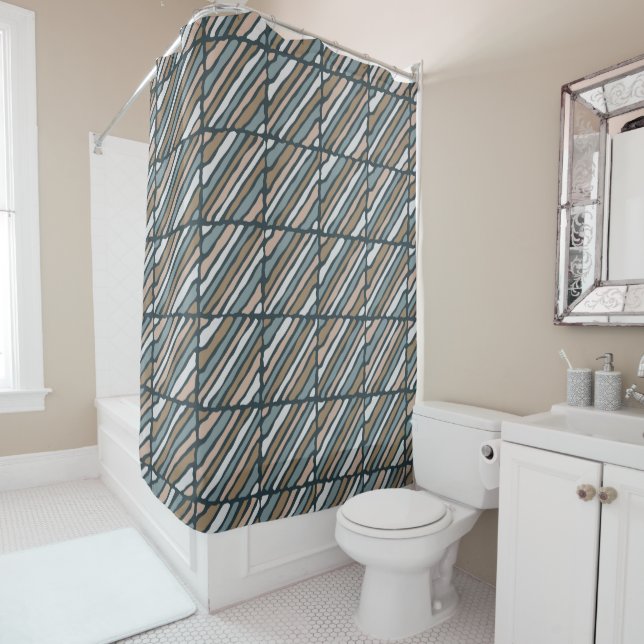 Blocks and lines (navy, brown and beige) shower curtain (In Situ)