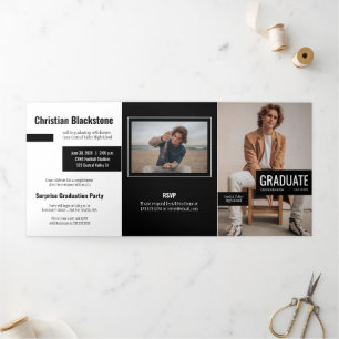 Blocks of Black Four-Photo Graduation Tri-Fold Inv Invitation