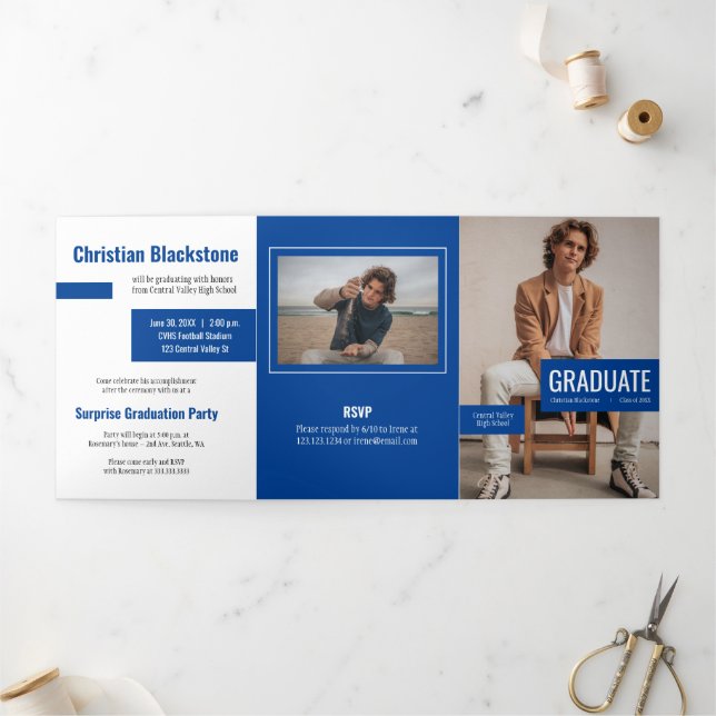 Blocks of Blue Four-Photo Graduation Tri-Fold Invitation (Outside)