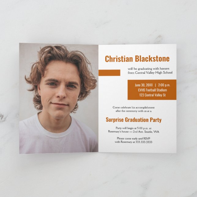 Blocks of Burnt Orange Three-Photo Graduation Invitation (Inside)