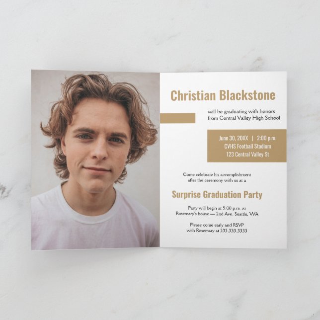 Blocks of Gold Three-Photo Graduation Invitation (Inside)