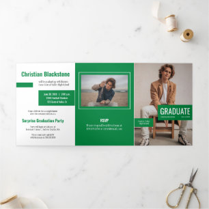 Blocks of Green Four-Photo Graduation Tri-Fold Inv